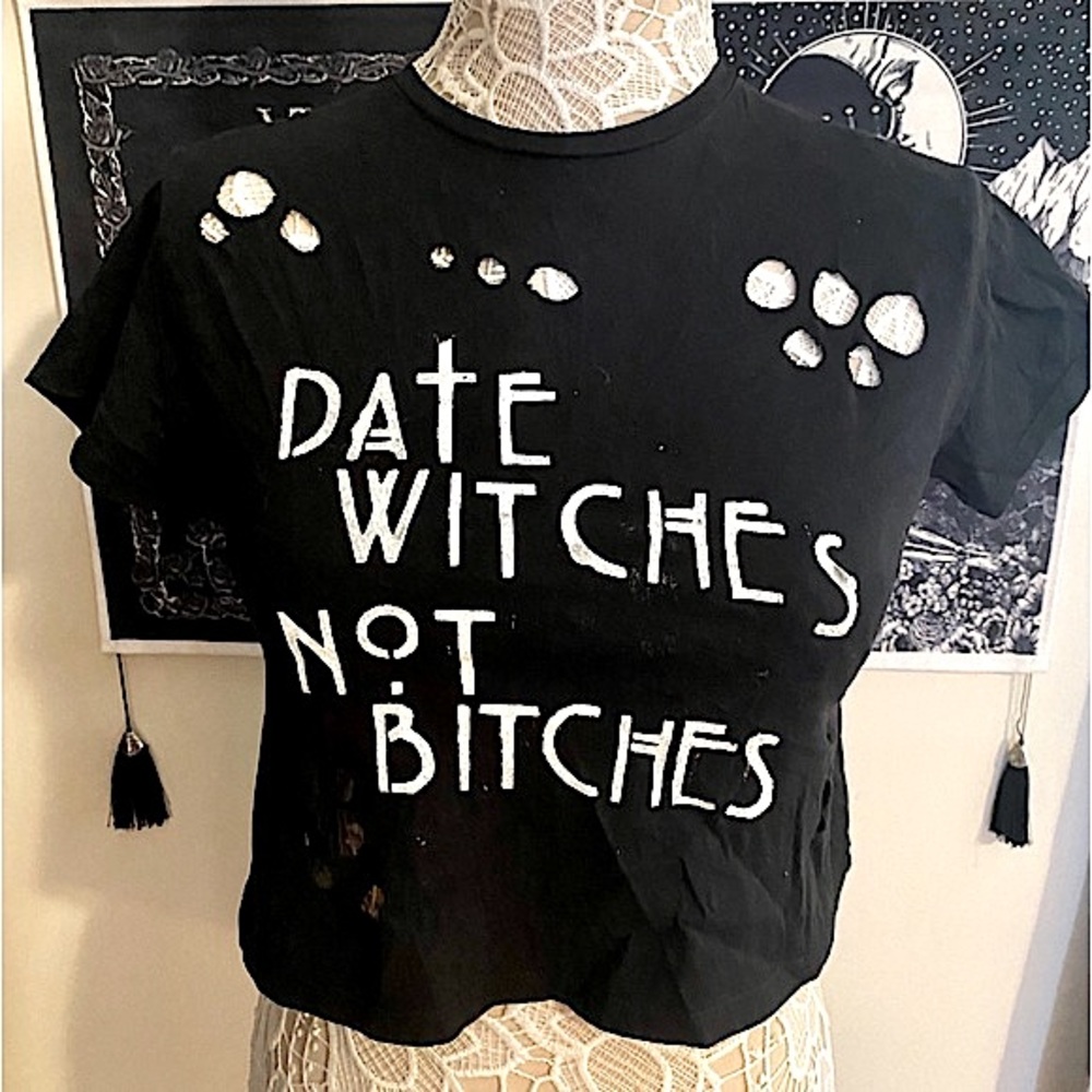 Upcycled American Horror Story “Date Witches Not B*tches” Hand Painted Crop Top